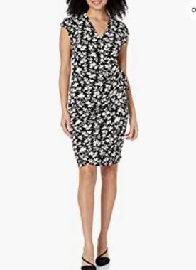 Lark & Ro Floral Classic Cap Sleeve Wrap Dress Black with a Ivory Floral Print S